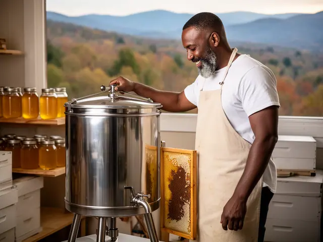 A beekeeper turning the crank of a new steel honey extractor beside shelves of honey jars.