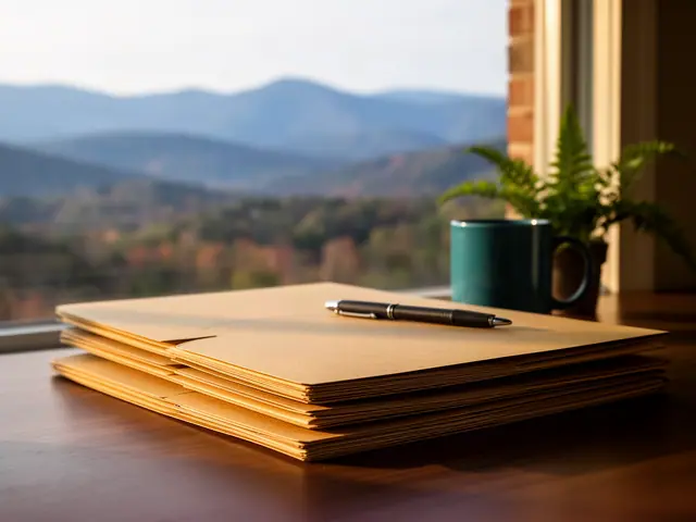 A neat stack of closed manila folders and a pen on a desk by a window.