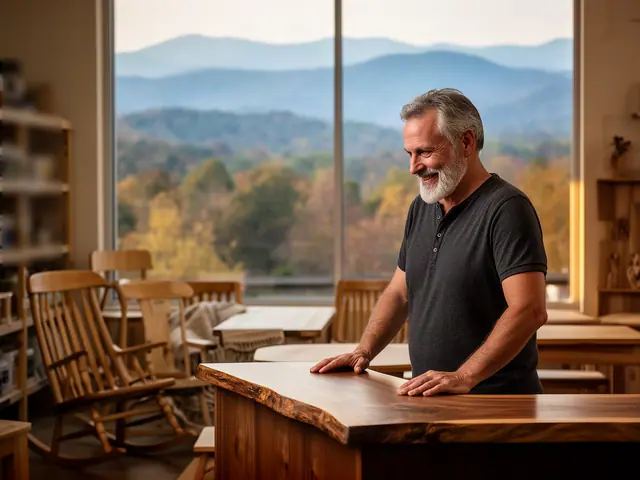 A furniture maker at a live-edge walnut counter in a showroom of rocking chairs.