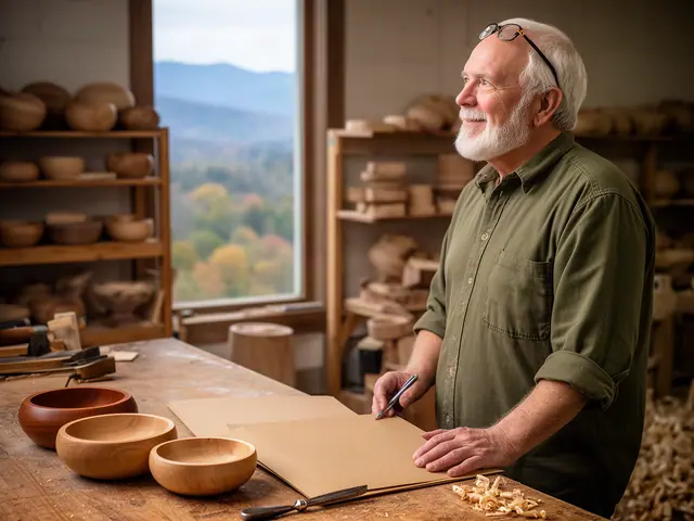 A woodturner at his bench with three hand-turned wooden bowls in his workshop.